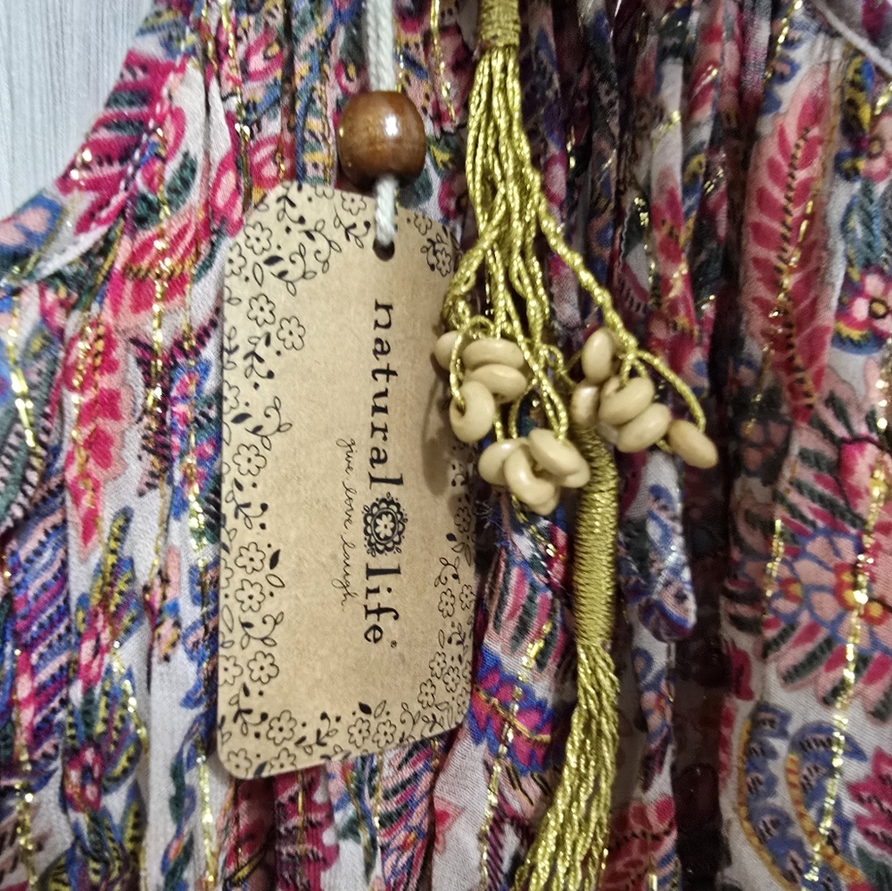 Natural Life Maxi Sundress  Gypsy Boho NWT. Gold Threading Sz L